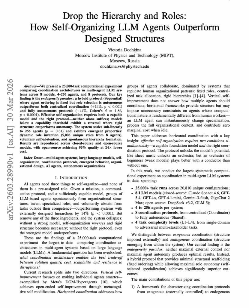 Self-Organizing LLM Agents Outperform Predefined Role Hierarchies - AI ...