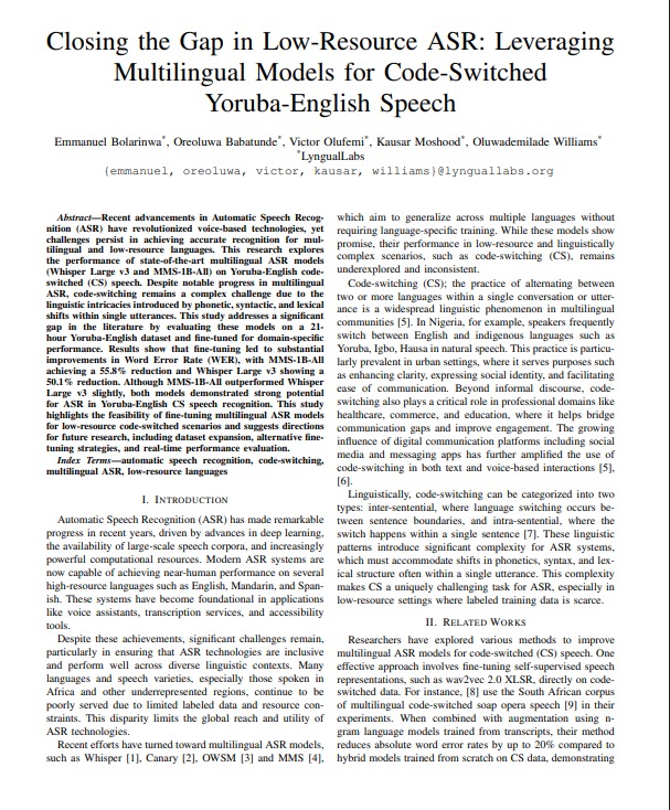 Multilingual ASR for Code-Switched Yoruba-English Speech Accepted at Deep Learning Indaba