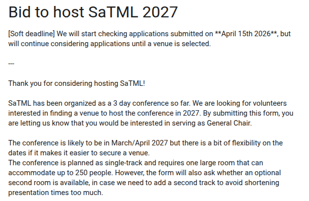 SaTML 2027 Looking for Host City Applications Due April 15