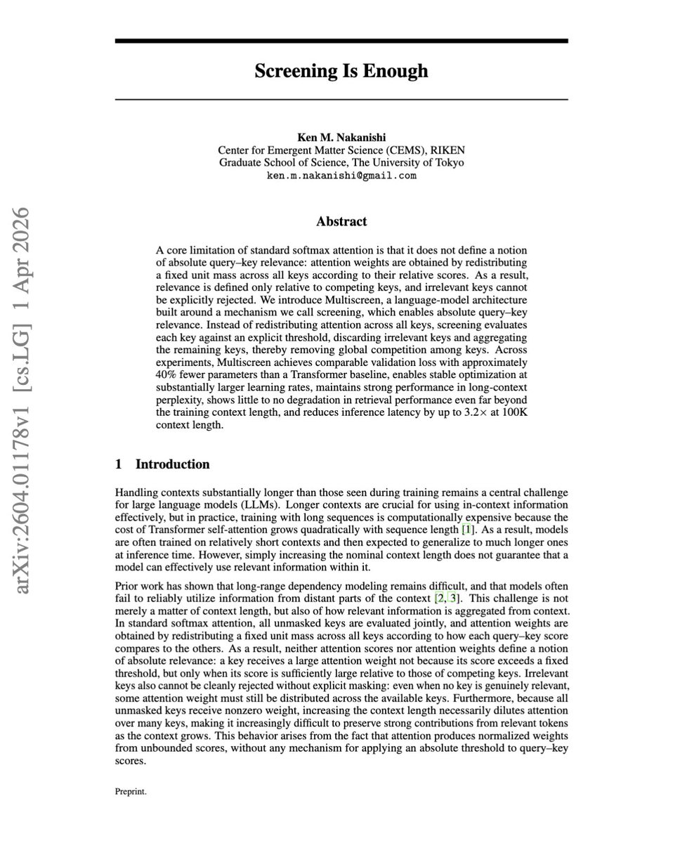 Multiscreen: Efficient Attention Through Independent Key Screening