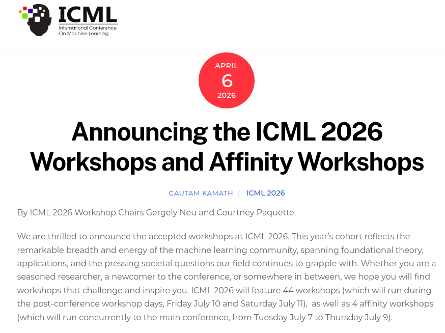 ICML 2026 announces 44 workshops and 4 affinity workshops