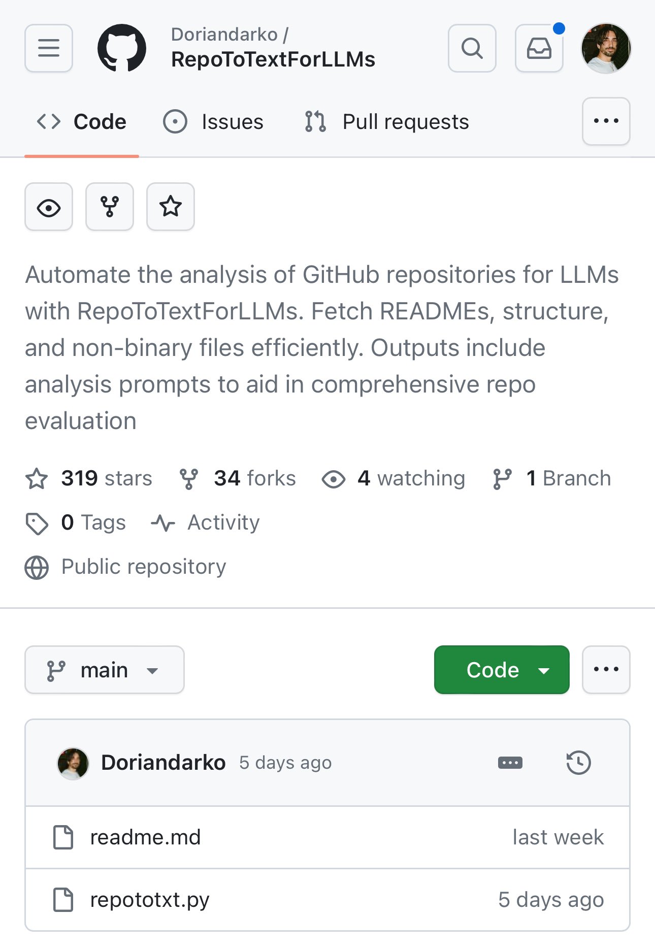 RepoToTextForLLMs Reaches 300 Stars on GitHub