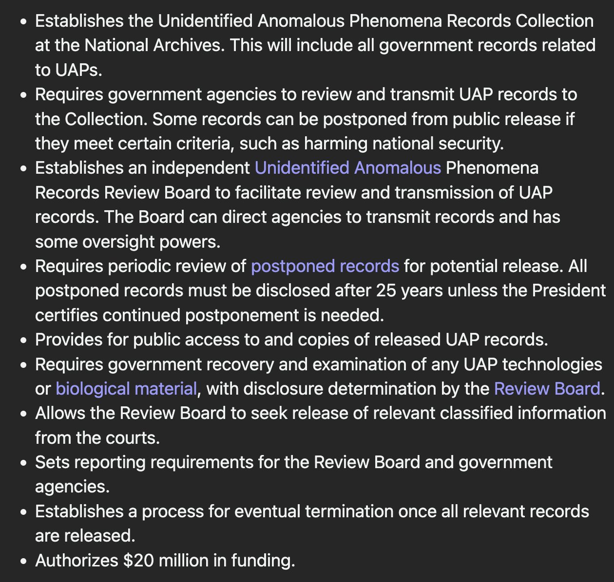 Senate UFO Bill Summaries by Claude 2