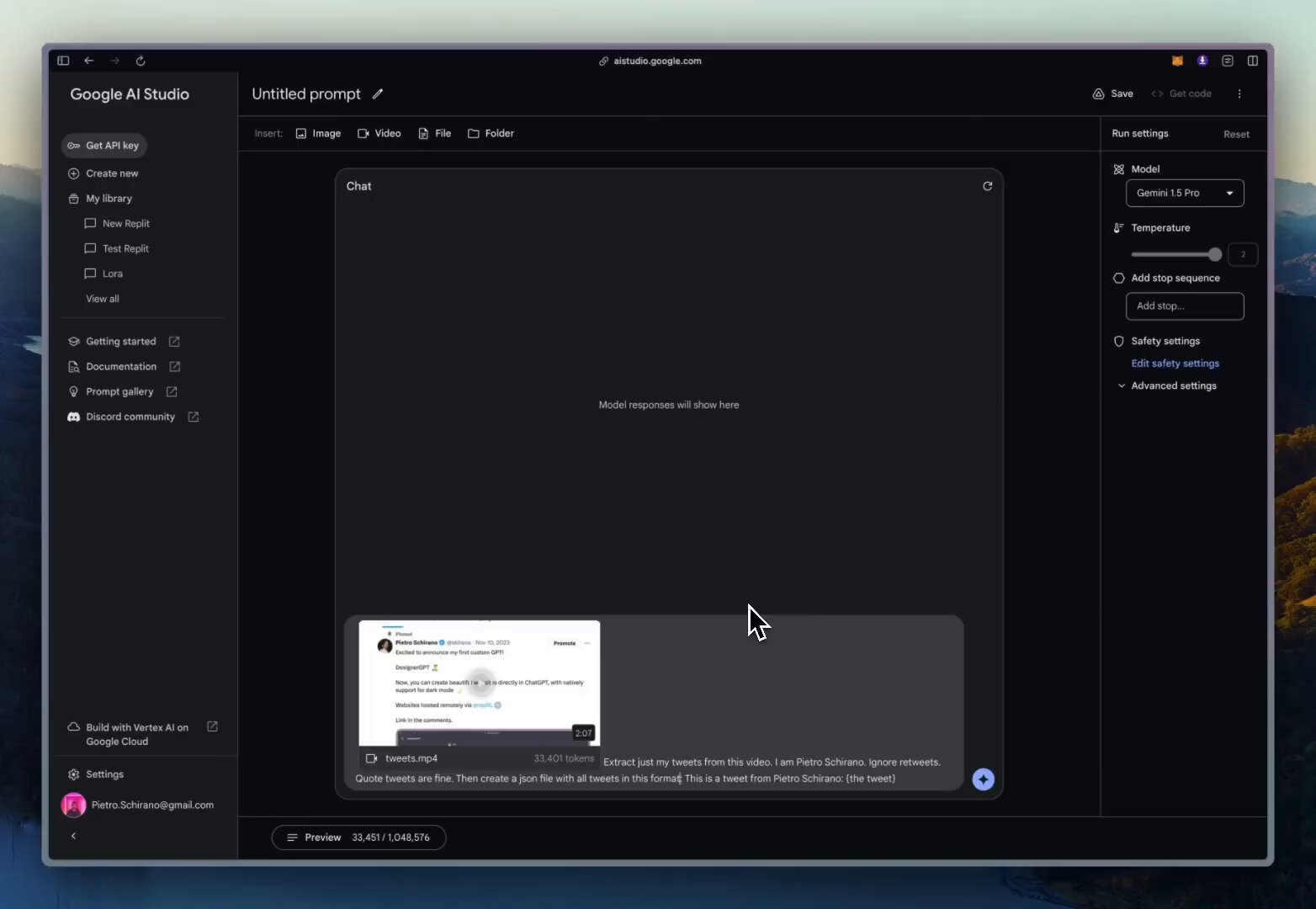 Gemini 1.5 Pro organizes tweets into JSON format automatically