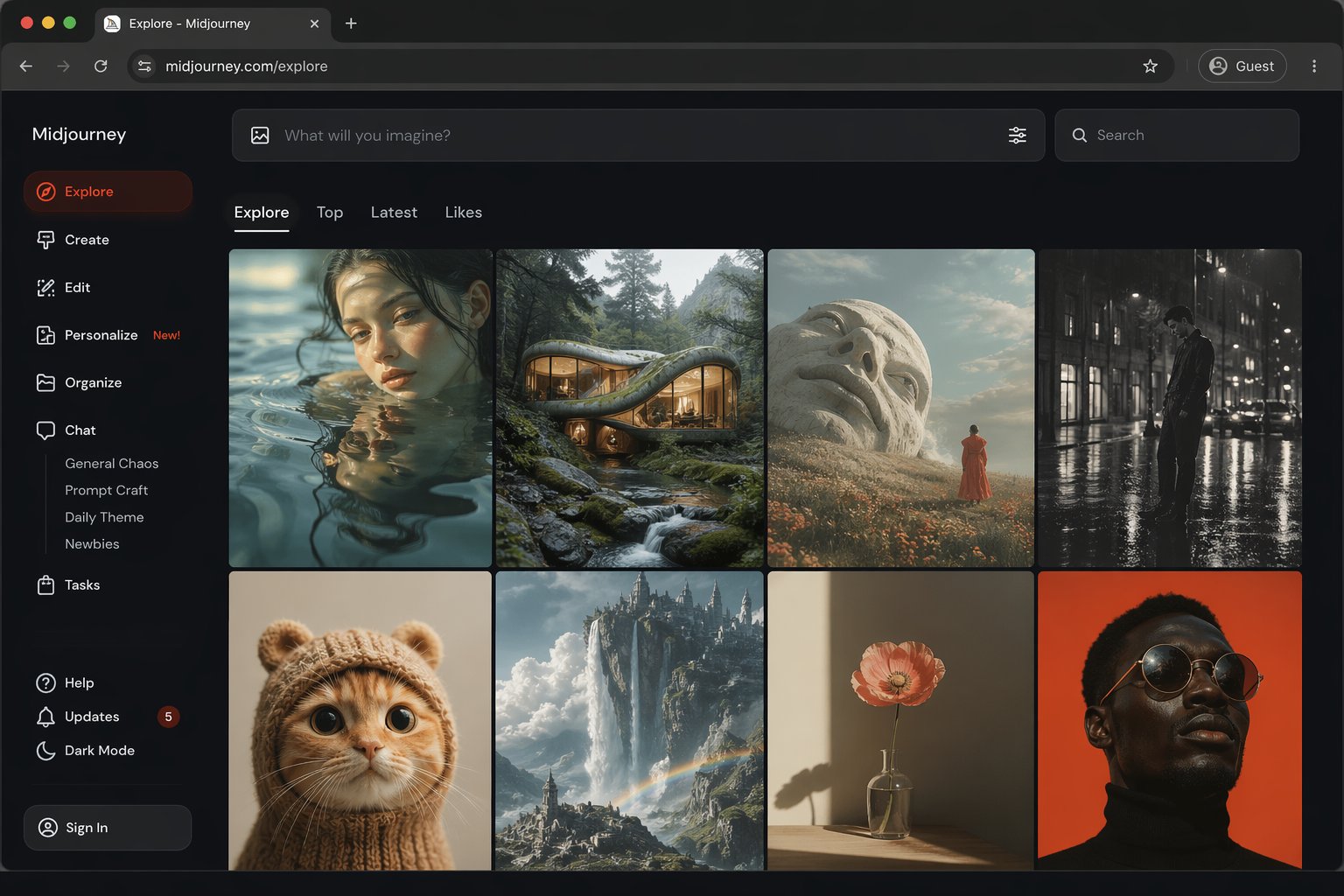 Midjourney Explore Page: AI Creative Tools Interface