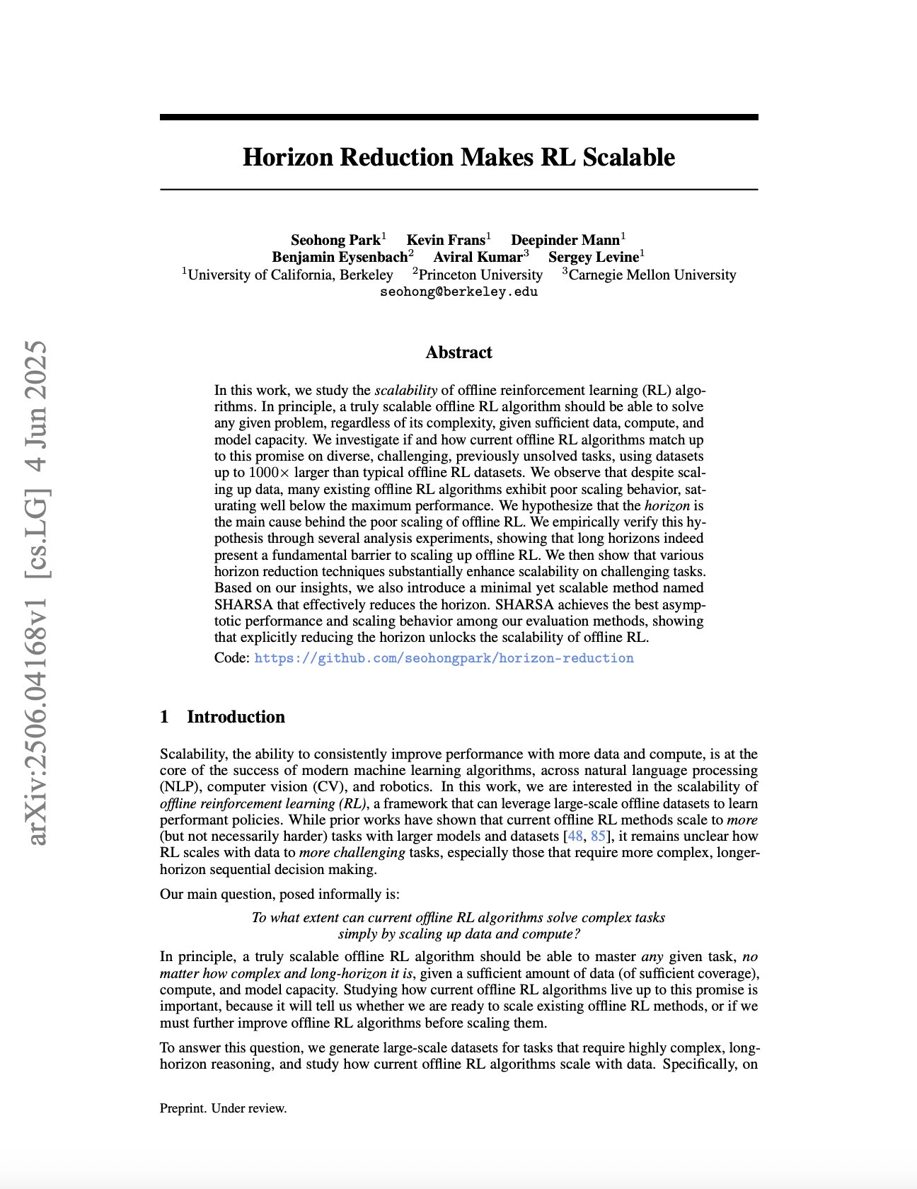 Horizon Reduction Makes Reinforcement Learning Scalable