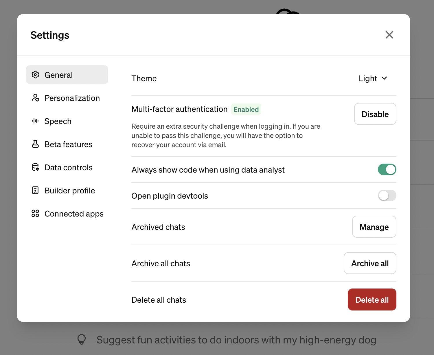 ChatGPT UI update preview shows upcoming MFA settings