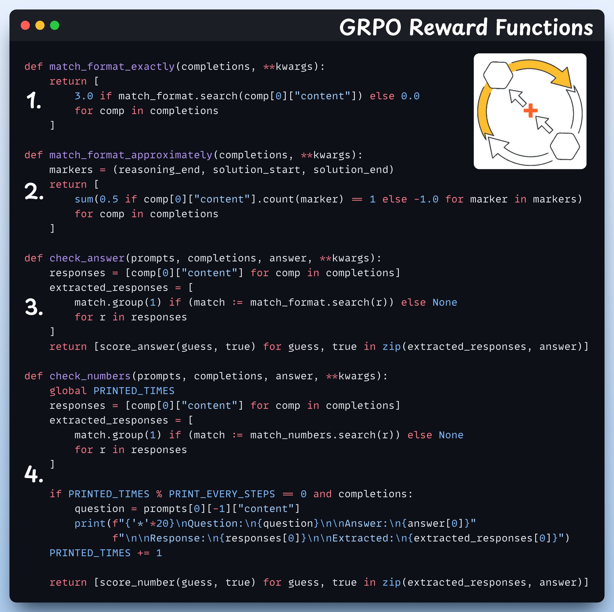 GRPO Reward Functions: Format Matching and Answer Validation