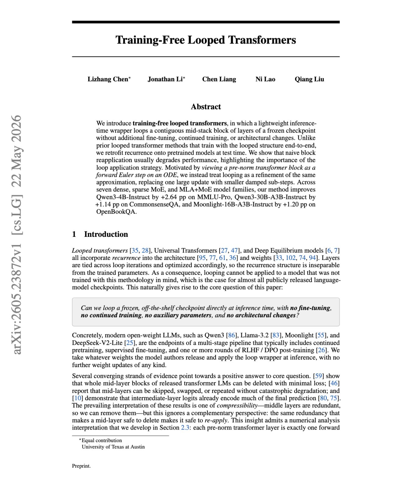 Looped Transformers: Frozen Checkpoint Inference Optimization