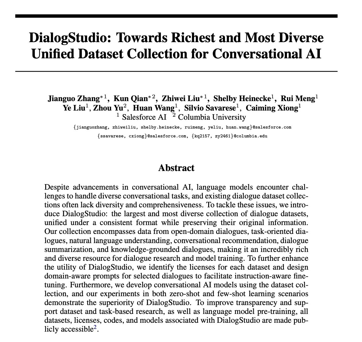 DialogStudio: Unified Diverse Dataset for Conversational AI