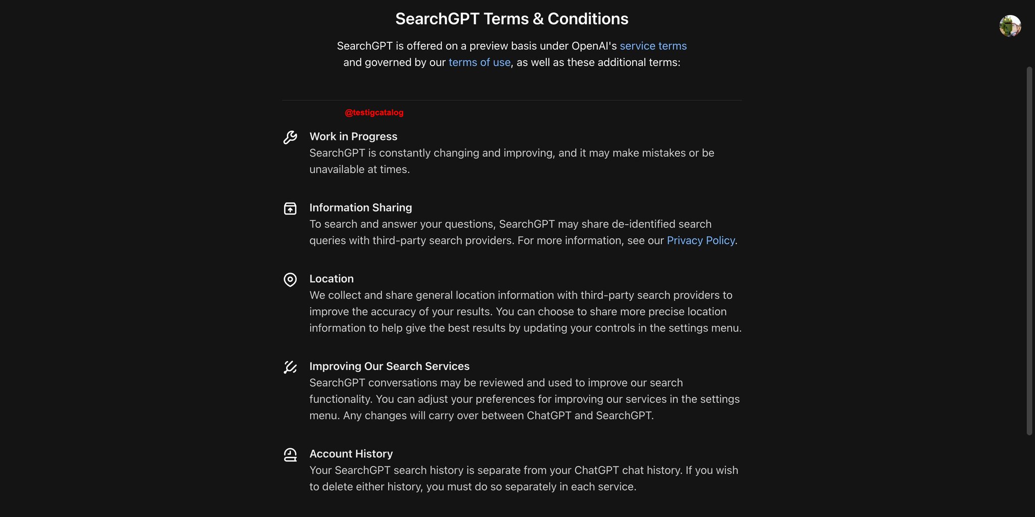 Privacy and Operational Details for SearchGPT Prototype