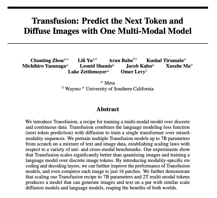 Transfusion: Multi-Modal Model for Token Prediction and Image Diffusion
