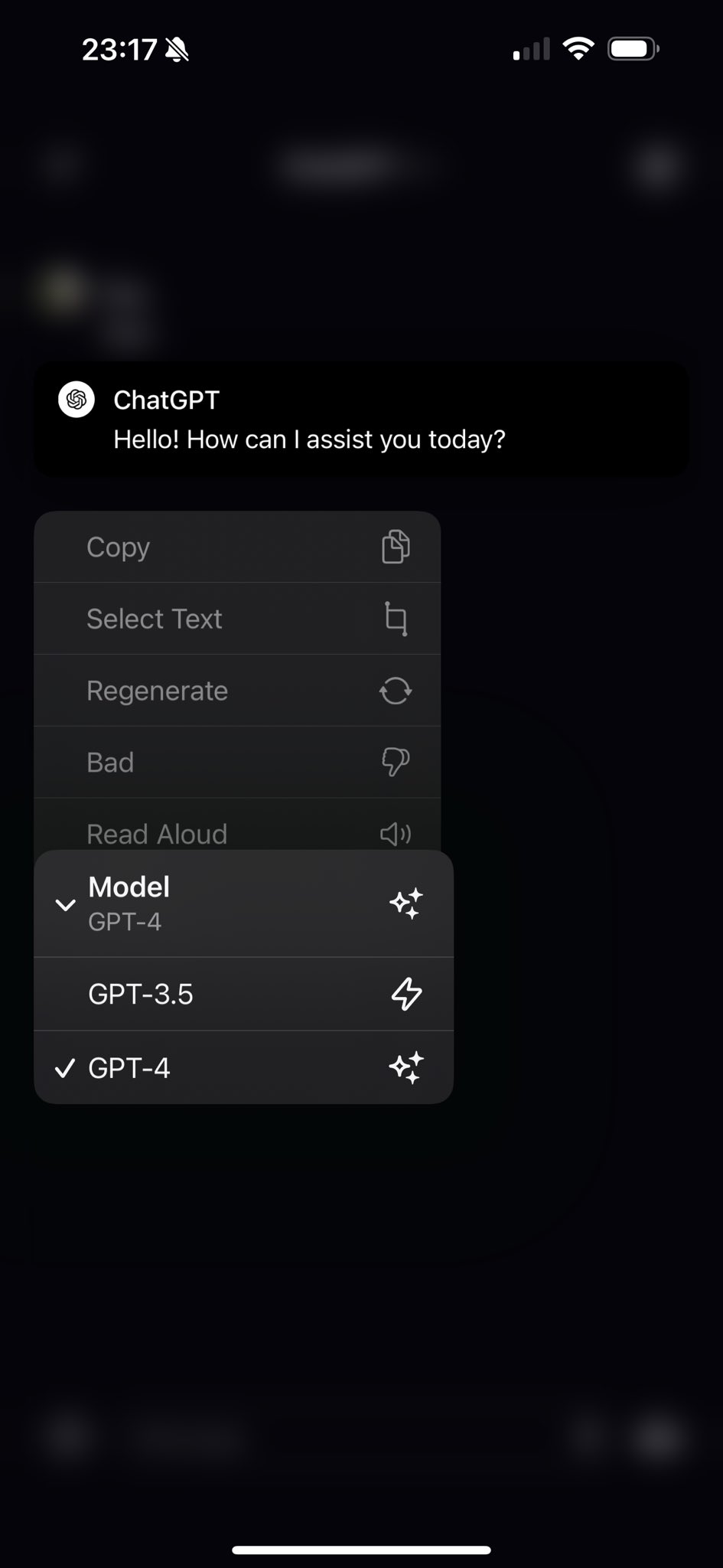 ChatGPT mobile: regenerate with a different model