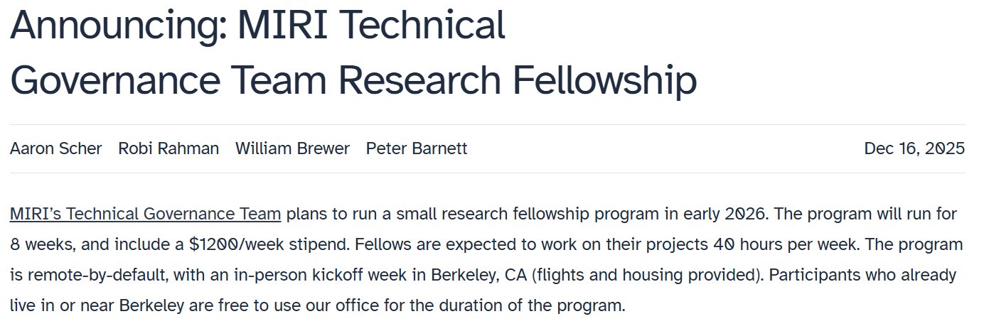 MIRI Technical Governance Fellowship Program Application Deadline February 22