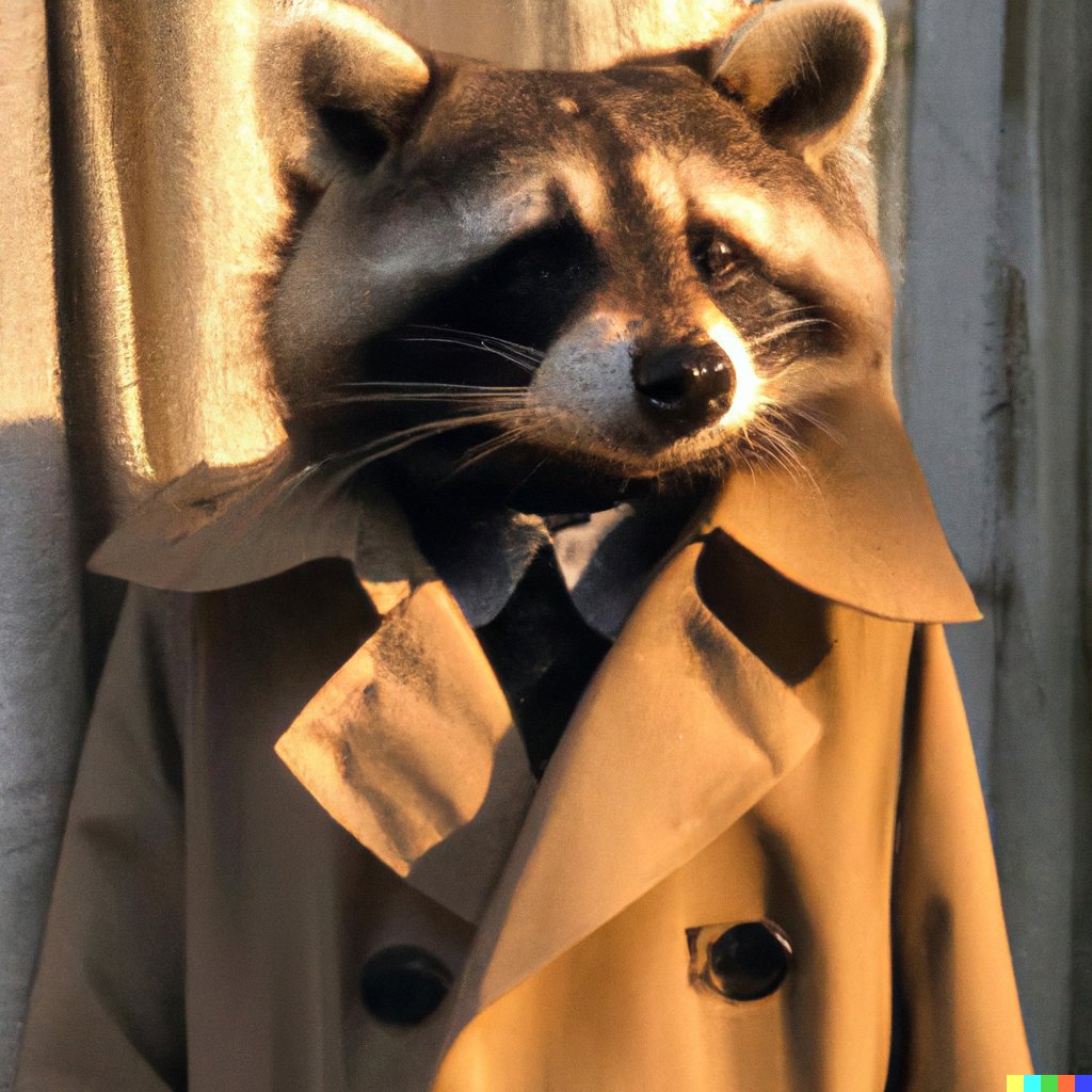Raccoon in Trench Coat Generated with DALL-E for Sasha