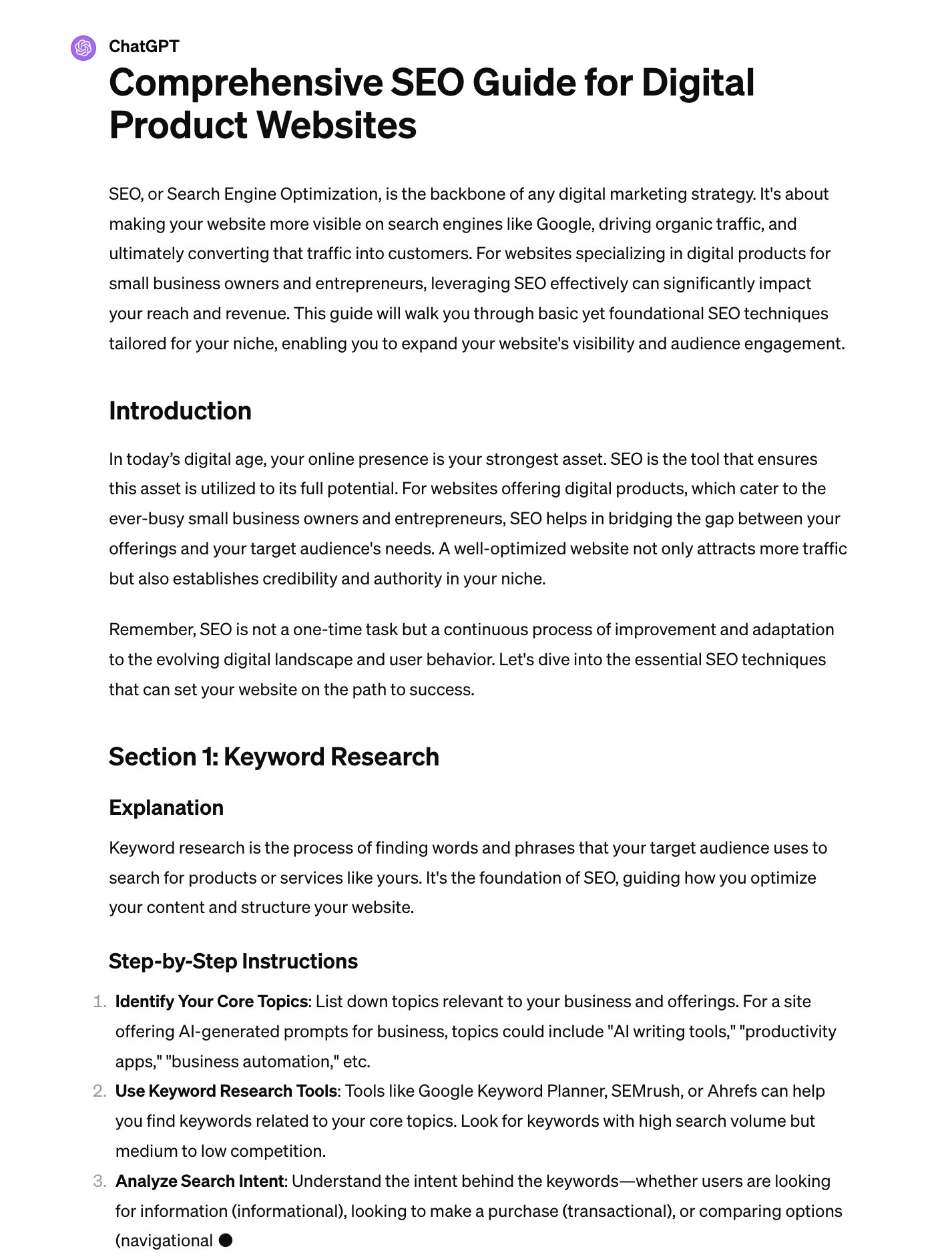 Mega-prompt for ChatGPT to create basic SEO strategy