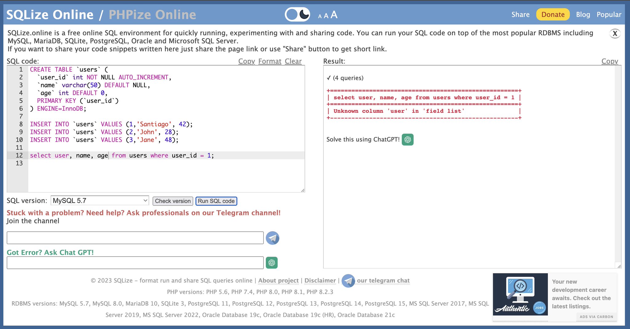 Learn SQL for Free Using ChatGPT with SQLize.online
