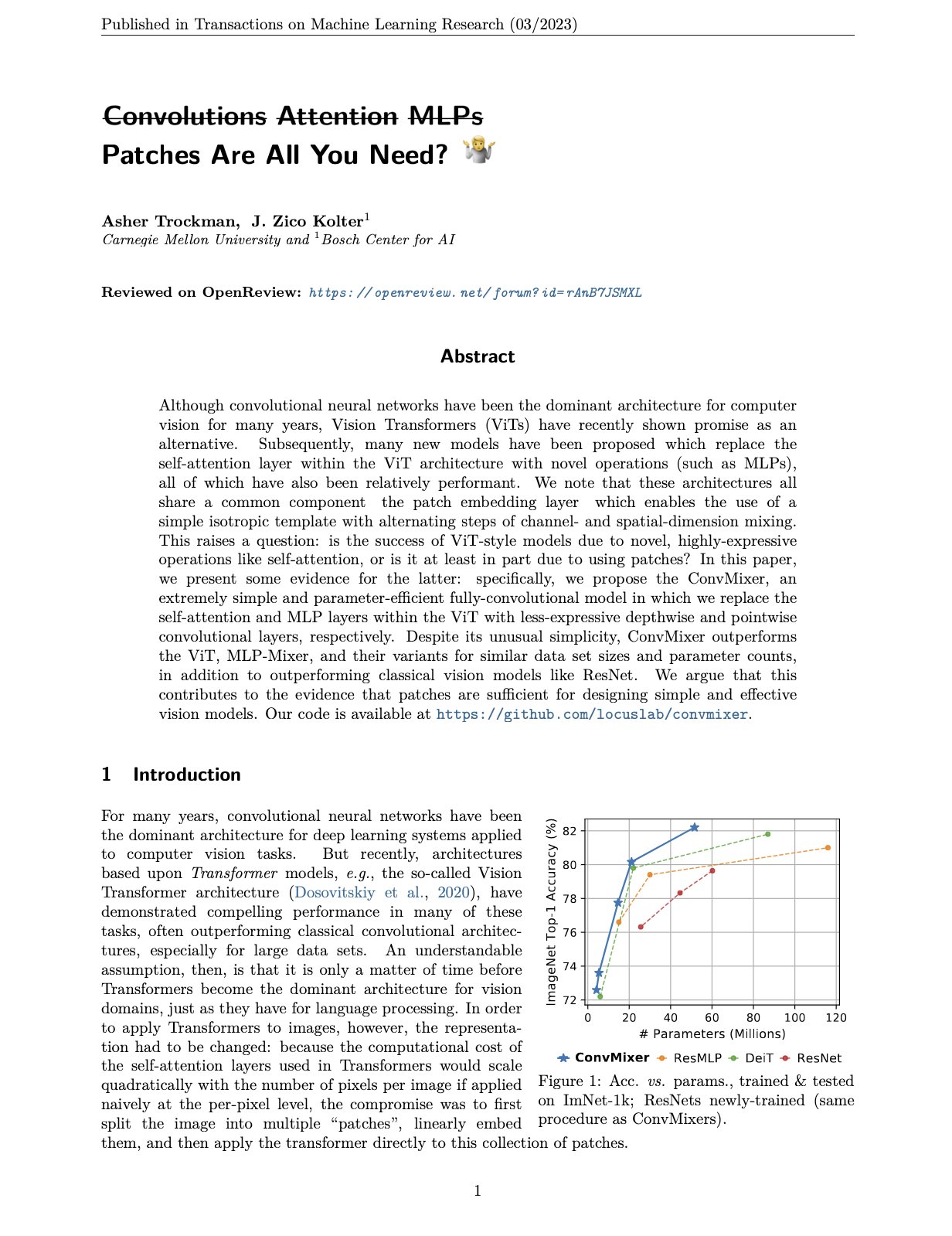 ConvMixer: Parameter-Efficient Alternative to Vision Transformers