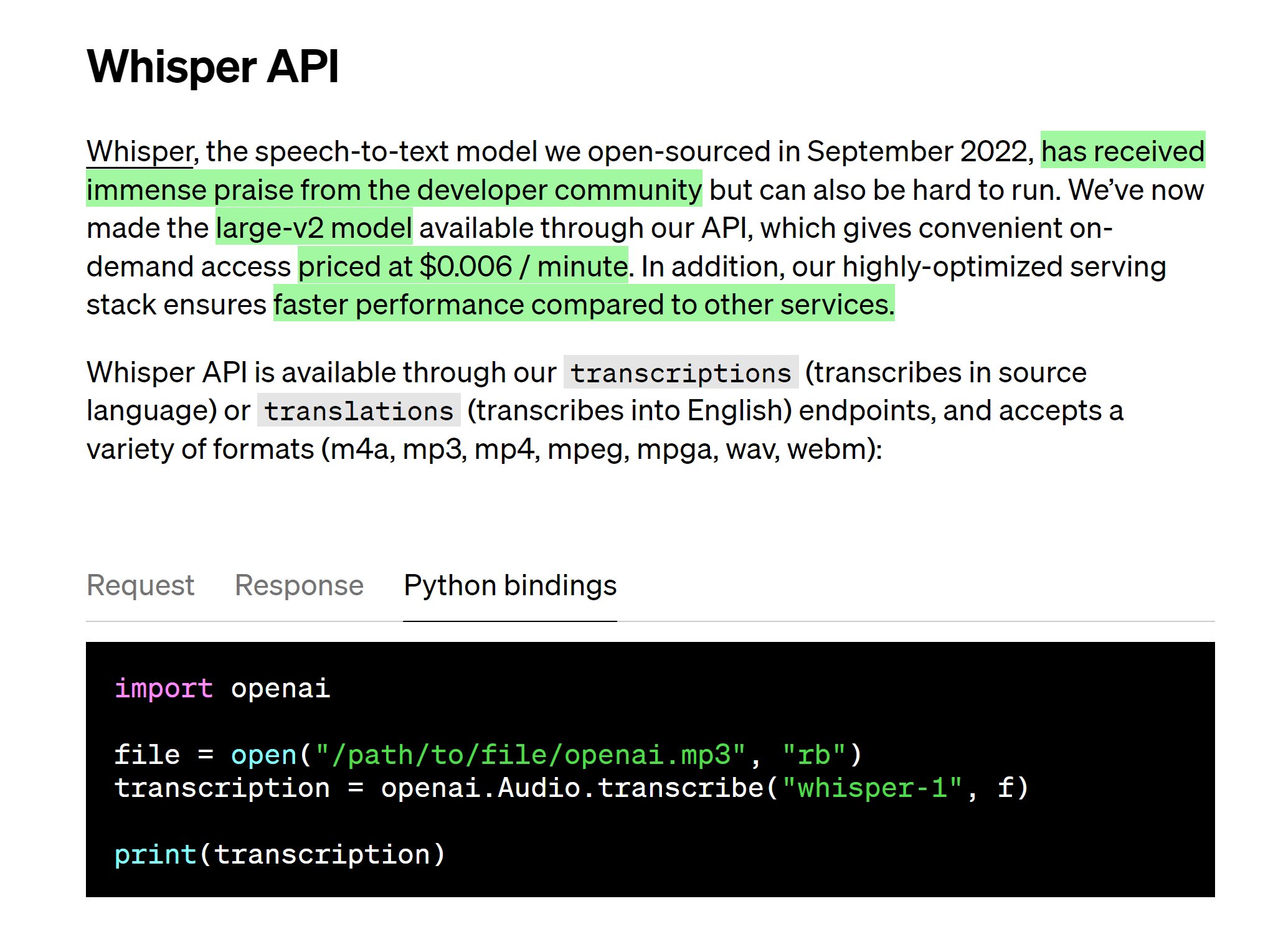 Whisper Open Source Model Now Available in API with Competitive Pricing