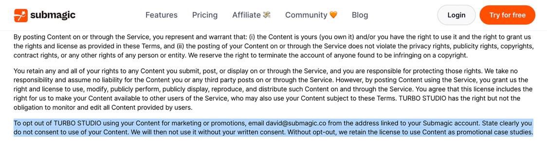 Submagic Updates Terms: Opt Out Marketing Reuse Option