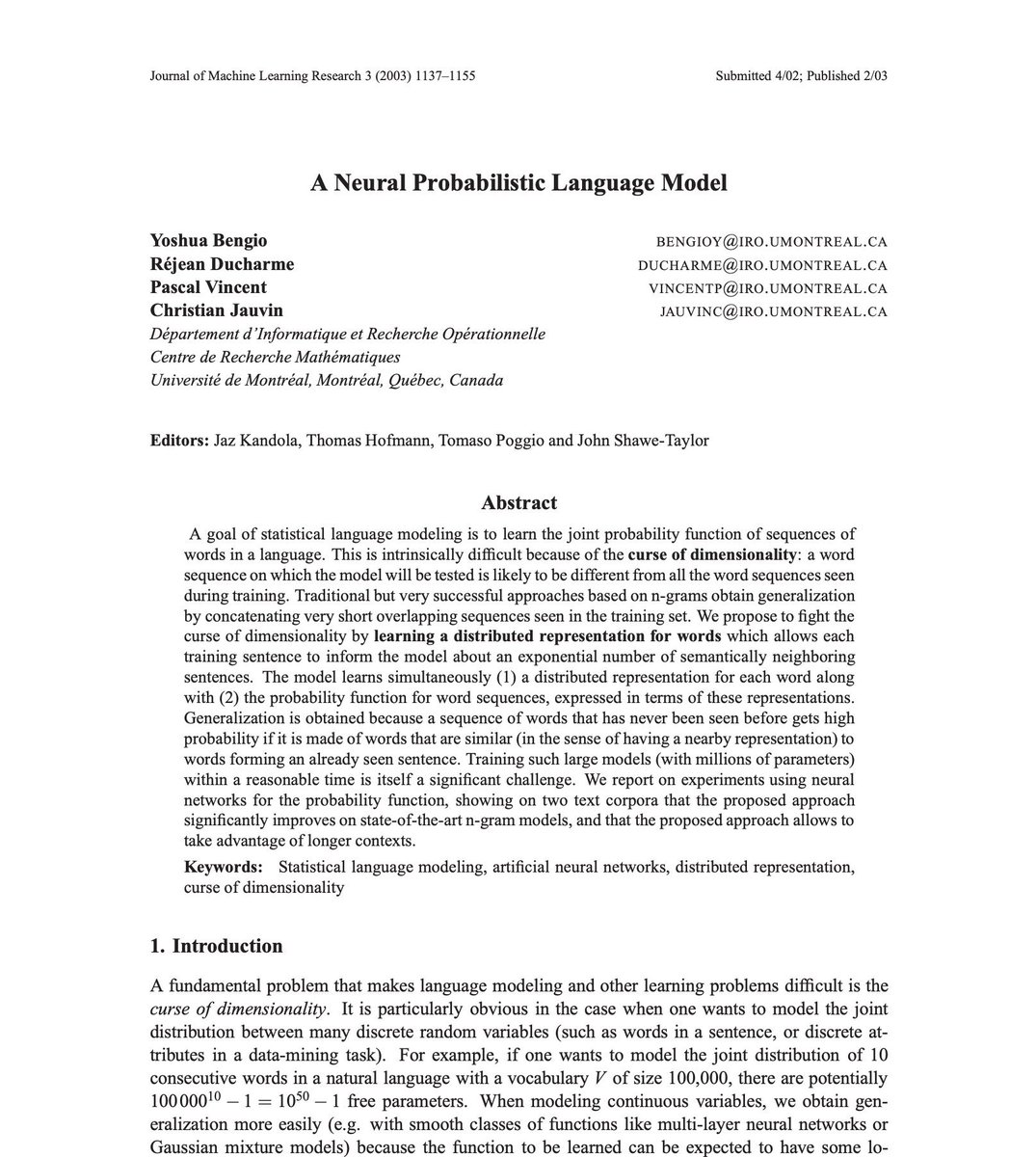 Neural Networks Training History: The 2003 Montreal Paper