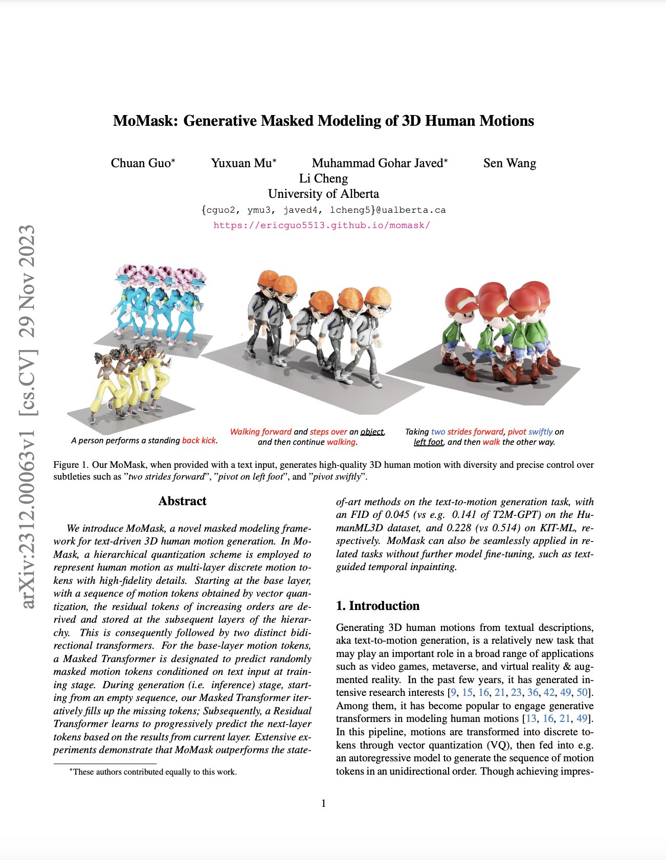 MoMask: Generative Masked Modeling for 3D Human Motion