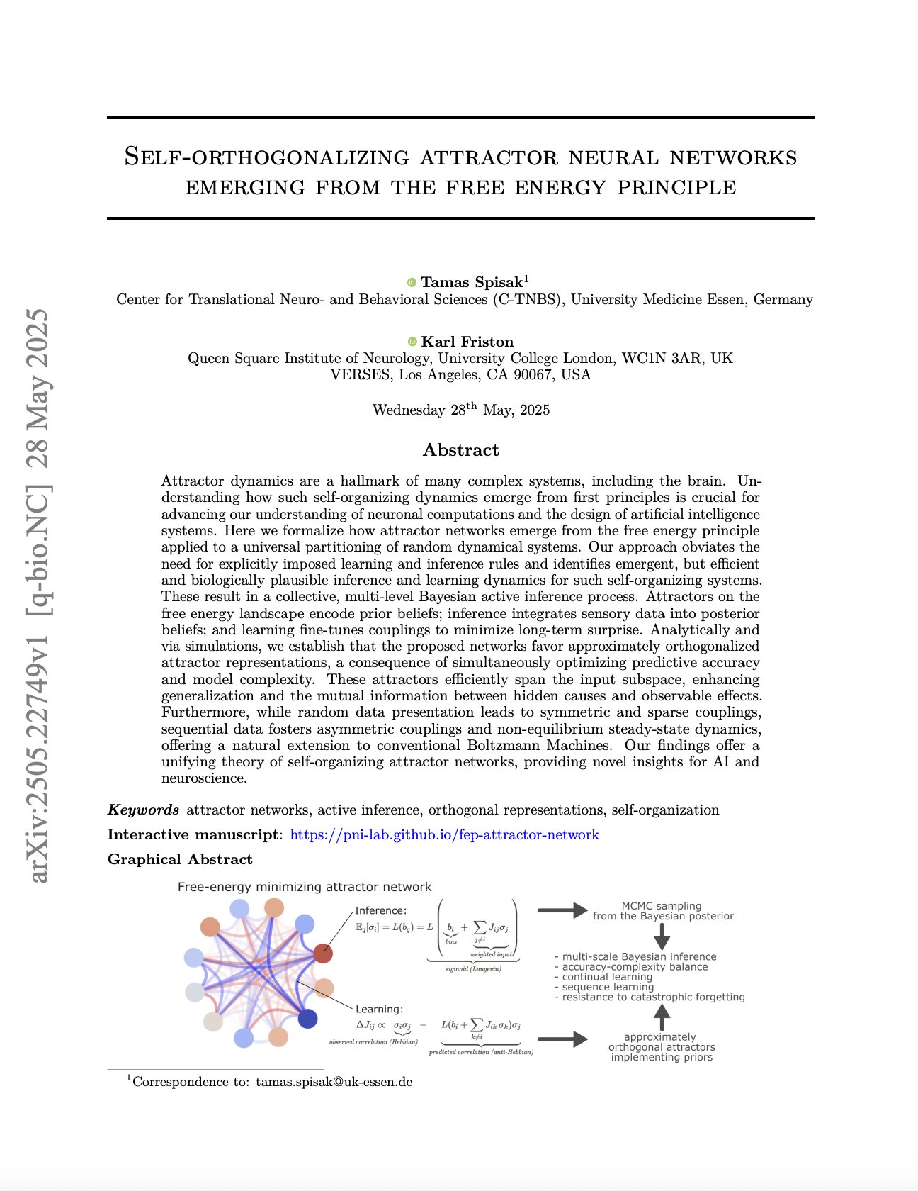 Self-Orthogonalizing Attractor Neural Networks from Free Energy