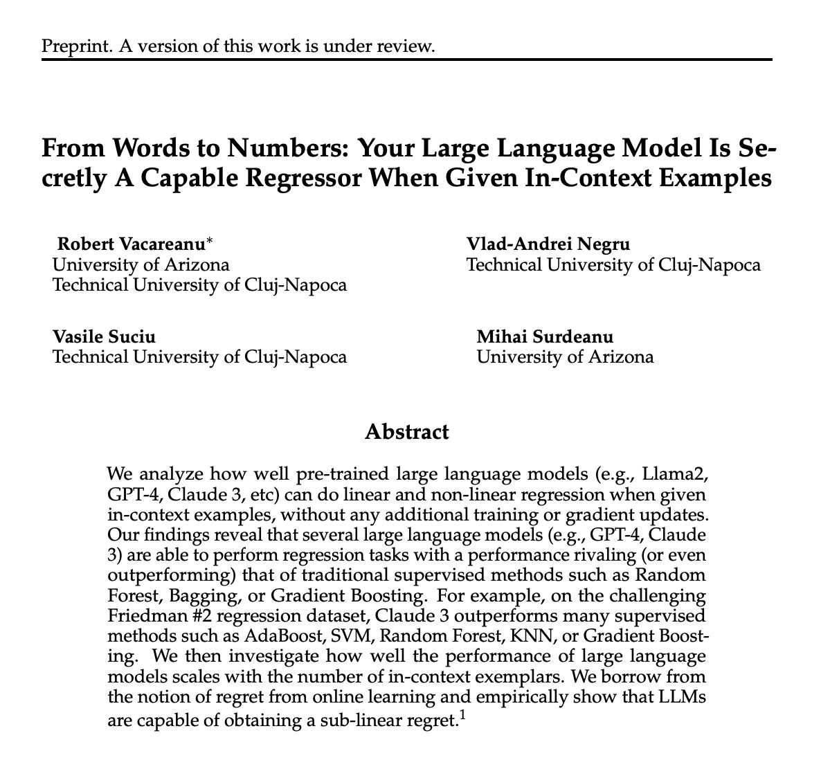 LLMs Demonstrate Unexpected In-Context Regression Capabilities