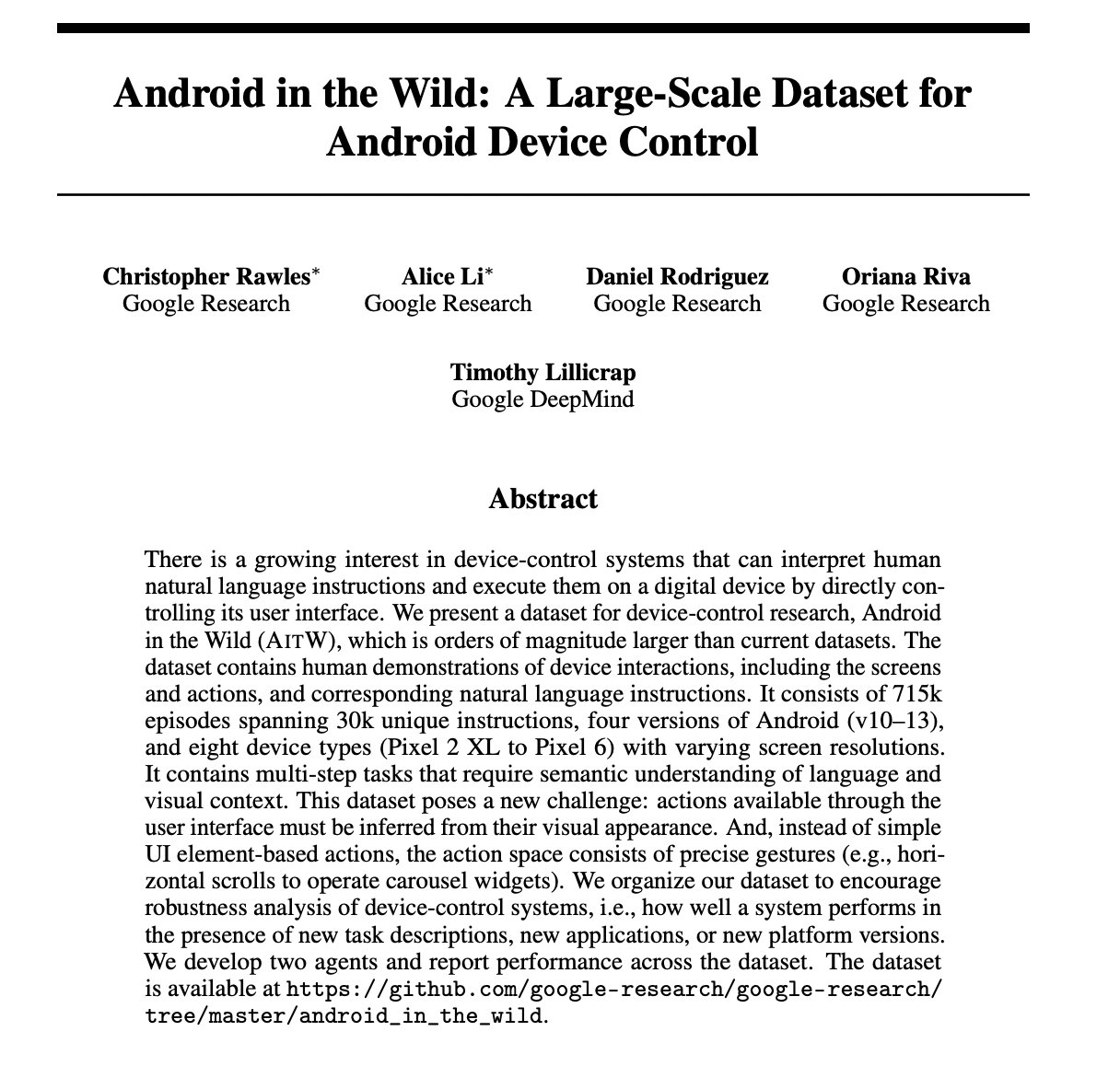 Android in the Wild: Large-Scale Dataset for Device Control