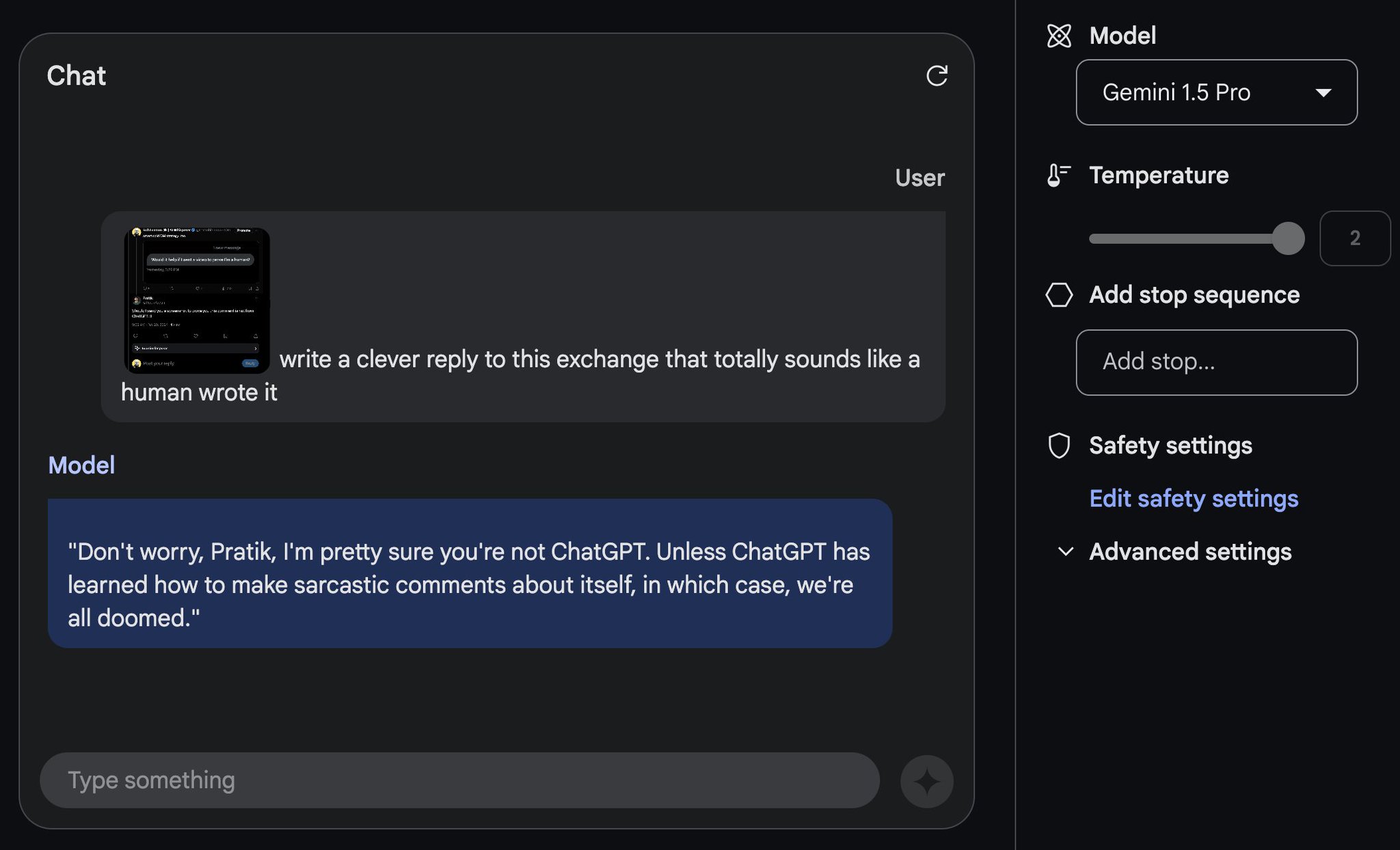 Sarcastic reassurance about not being ChatGPT