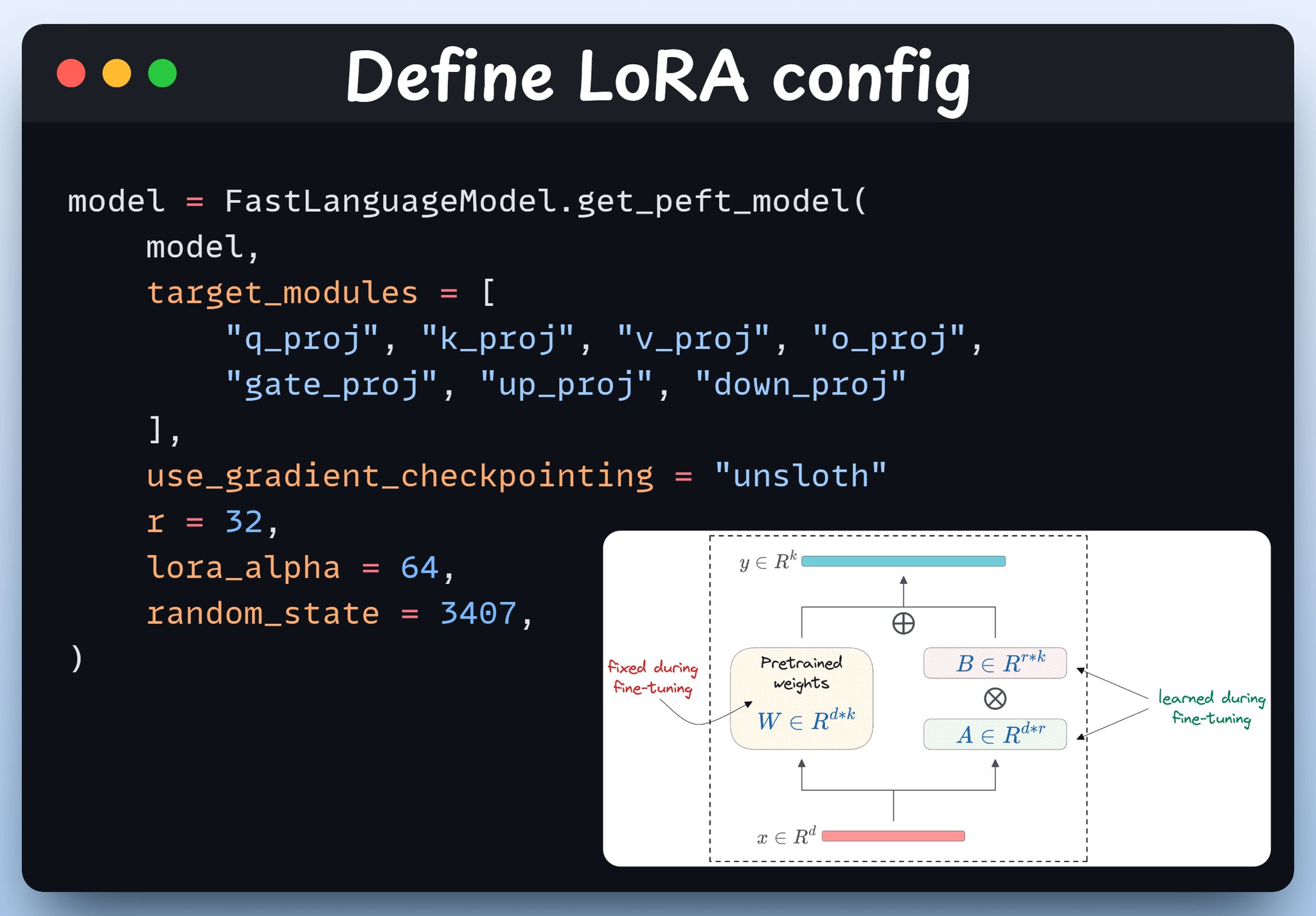Configuring LoRA for Fine-Tuning with Unsloth PEFT