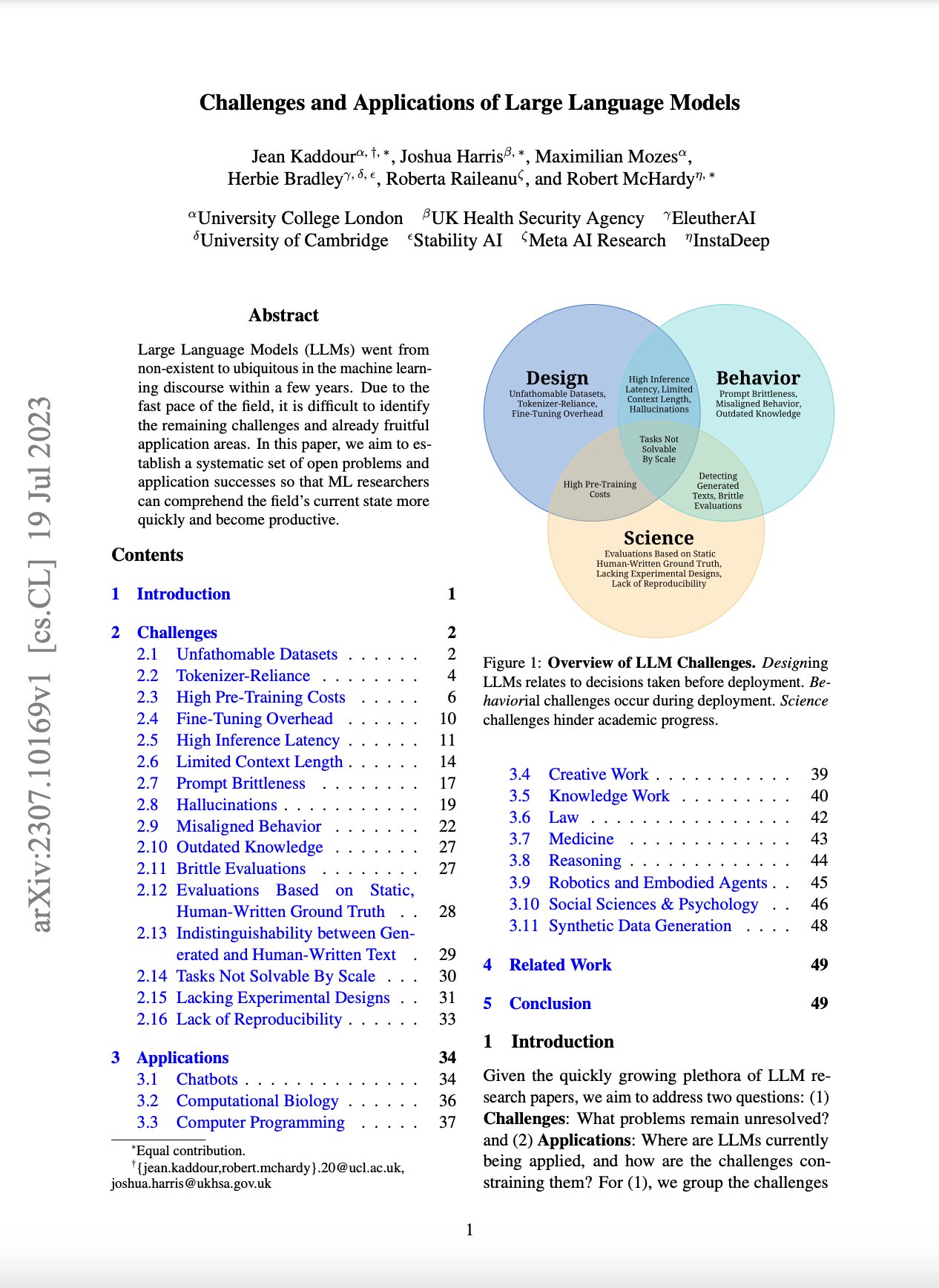 Challenges and Applications of Large Language Models
