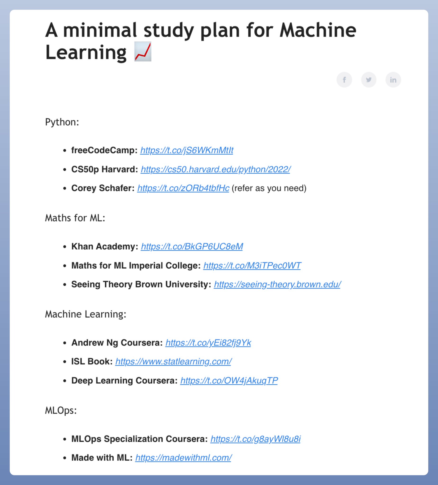 Minimal Study Plan for Machine Learning