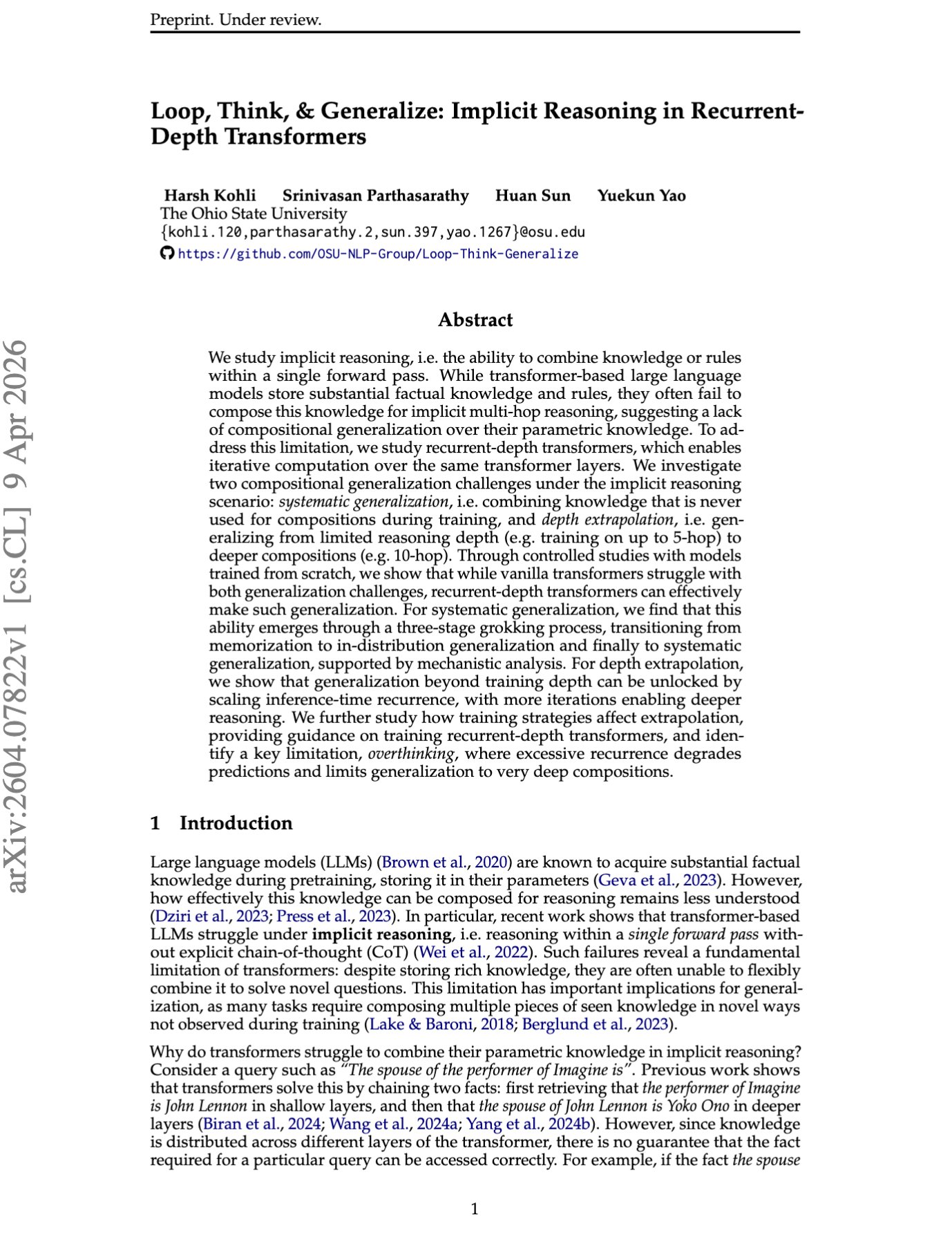 Recurrent-Depth Transformers Enable Parametric Knowledge in Single Pass