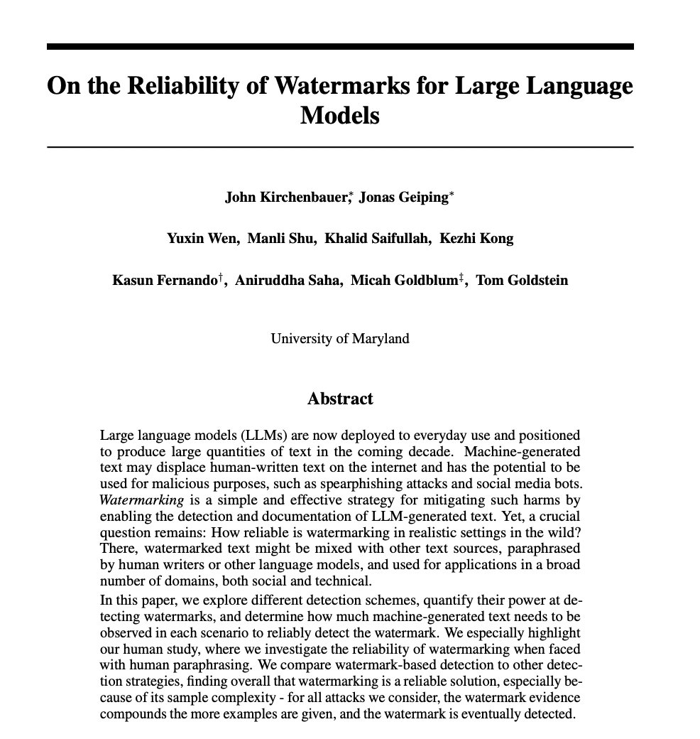 Reliability of Watermarks for Large Language Models