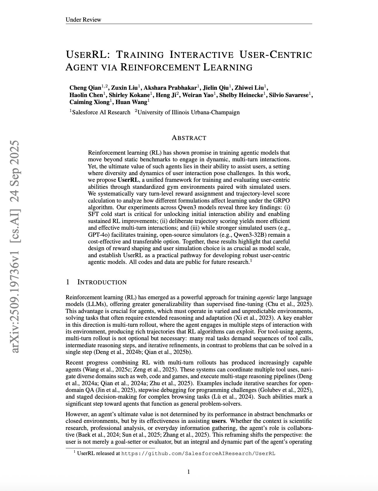 UserRL: Training Interactive User-Centric Agent via Reinforcement Learning
