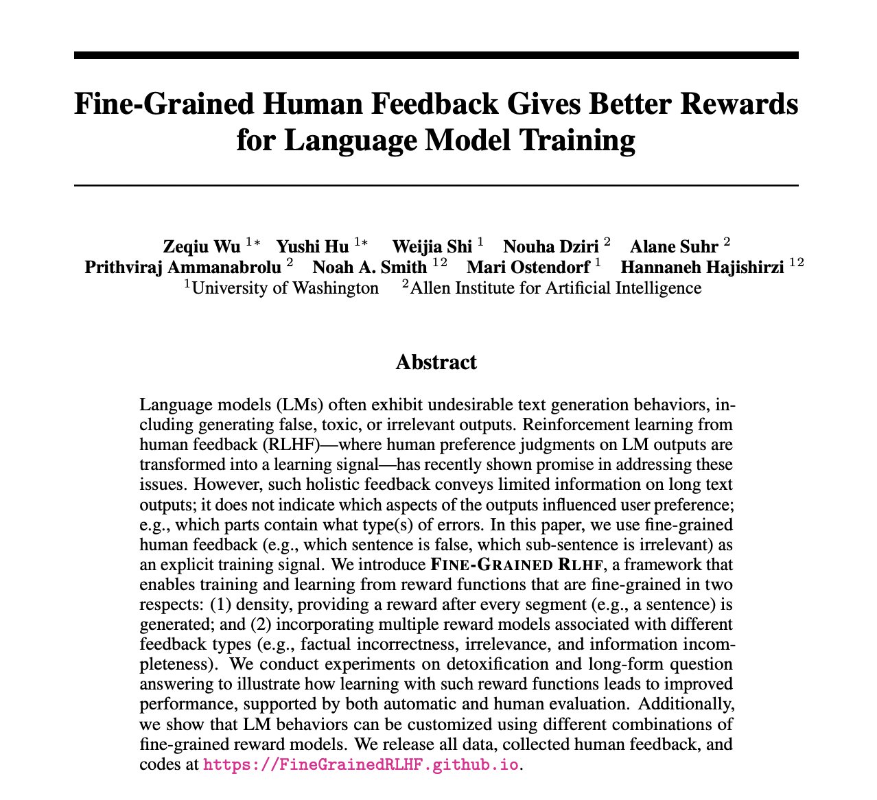 Fine-Grained Human Feedback Improves Language Model Reward Training