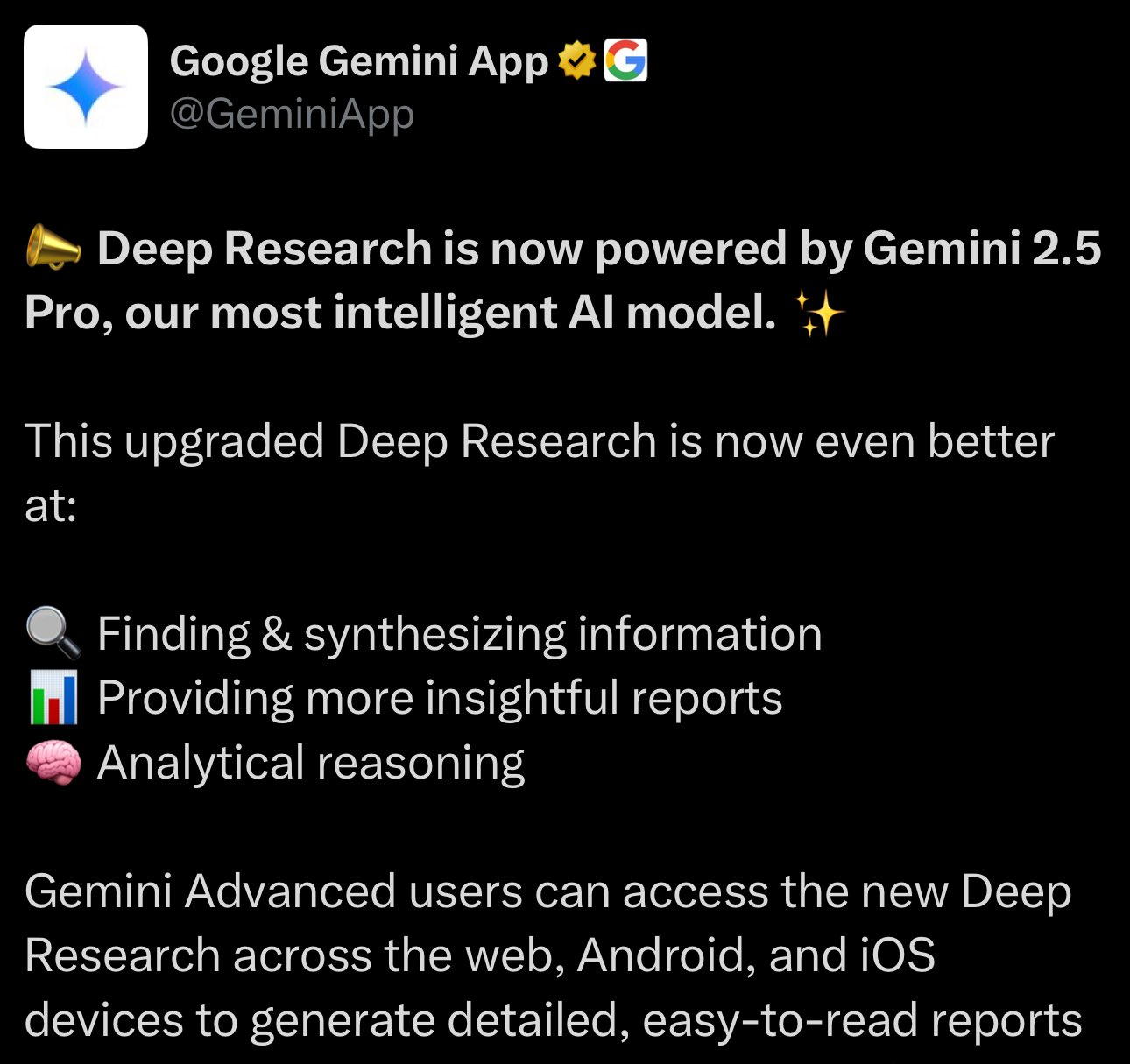 Gemini 2.5 Pro integrated into Google Deep Research