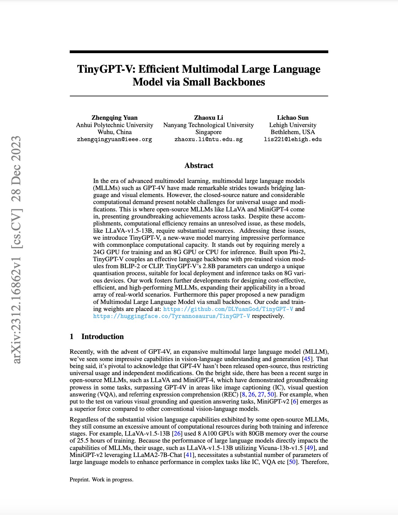 TinyGPT-V: Efficient Multimodal Large Language Model