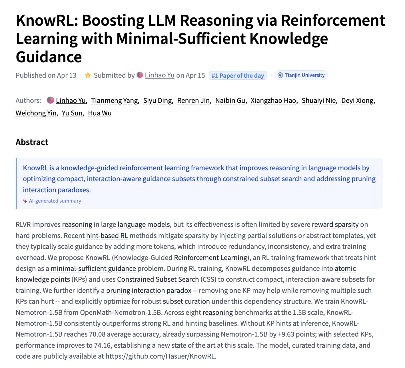 KnowRL Boosts LLM Reasoning via Reinforcement Learning with Knowledge Guidance