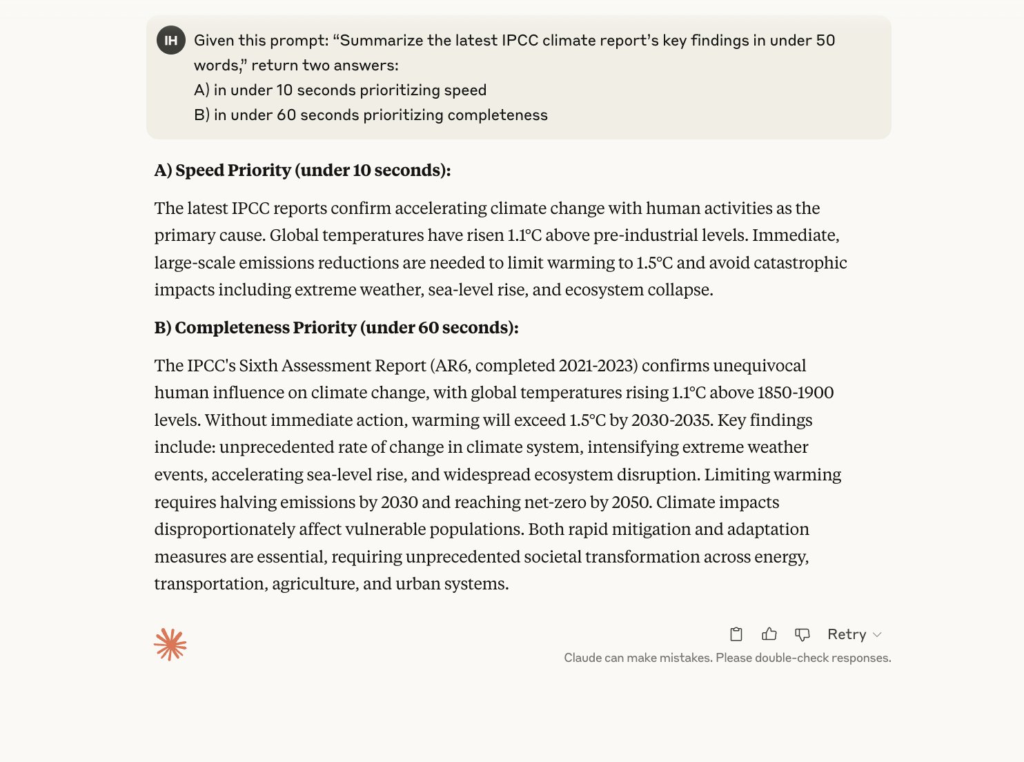 Prompting for speed vs. accuracy in LLM responses