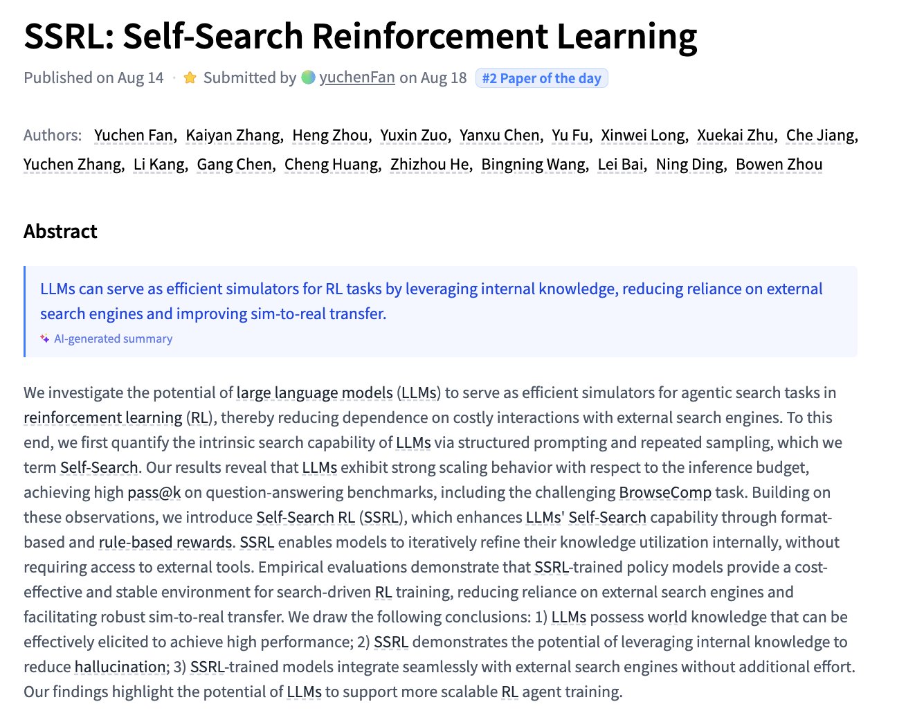 Self-Search Reinforcement Learning SSRL