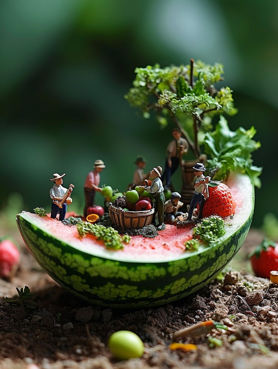 Miniature farmers in a watermelon slice, hyper-realistic