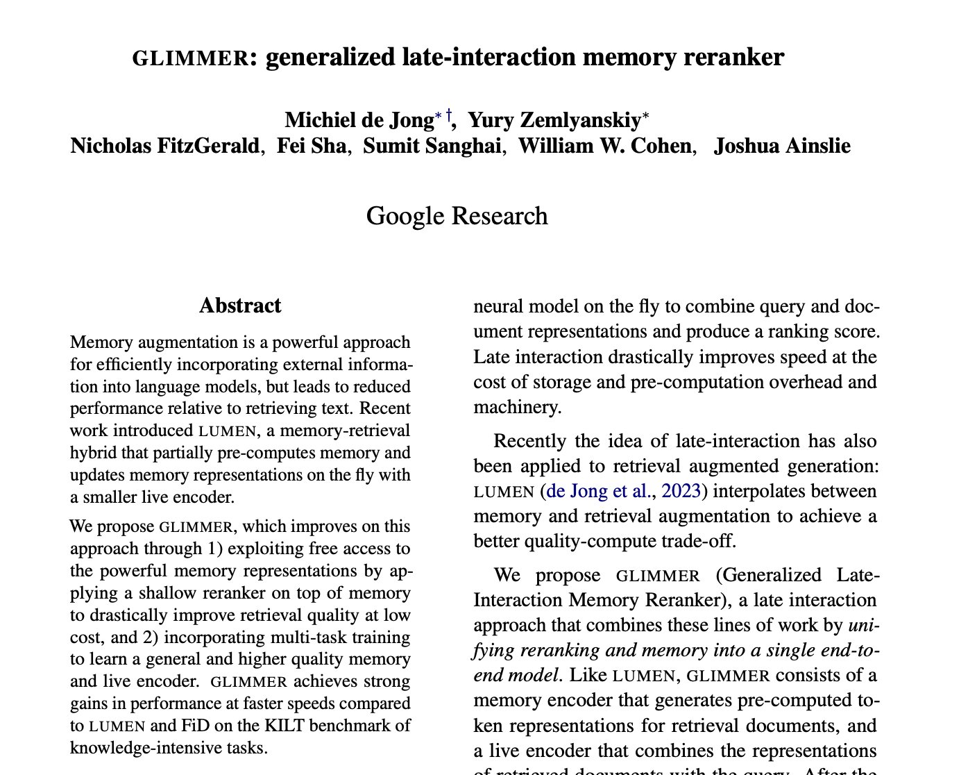 GLIMMER: Generalized Late-Interaction Memory Reranker for Language Models