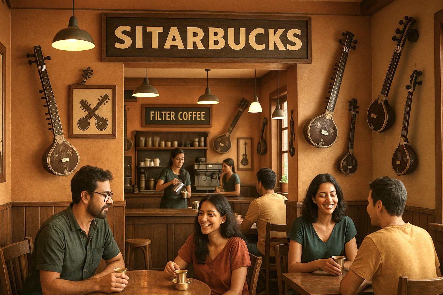 AI-designed sitar cafe concept inspired by Hard Rock model
