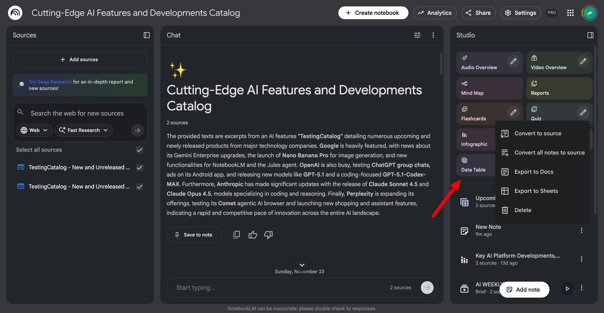 NotebookLM adds AI-powered Data Table extraction and export features