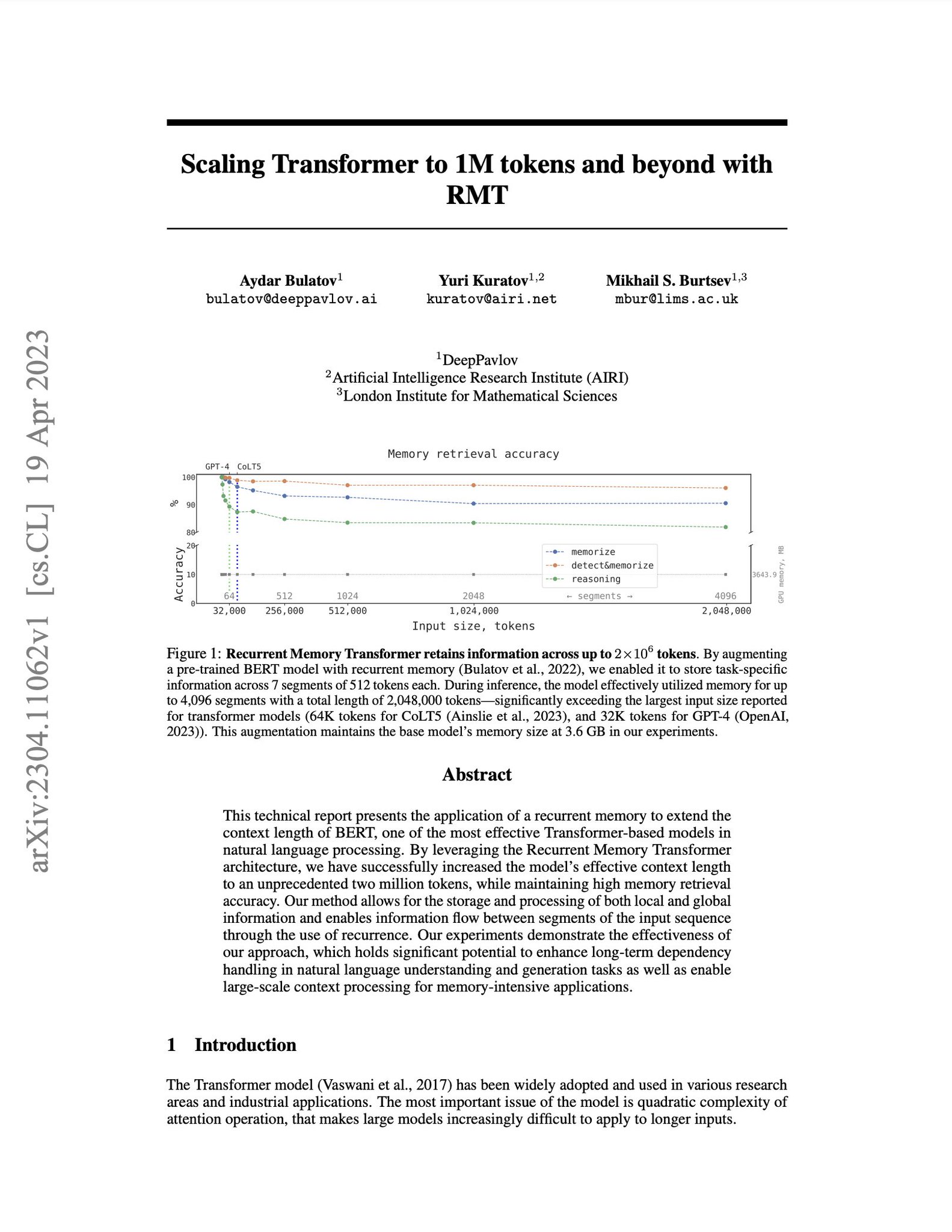 Scaling Transformer to 1M tokens with RMT