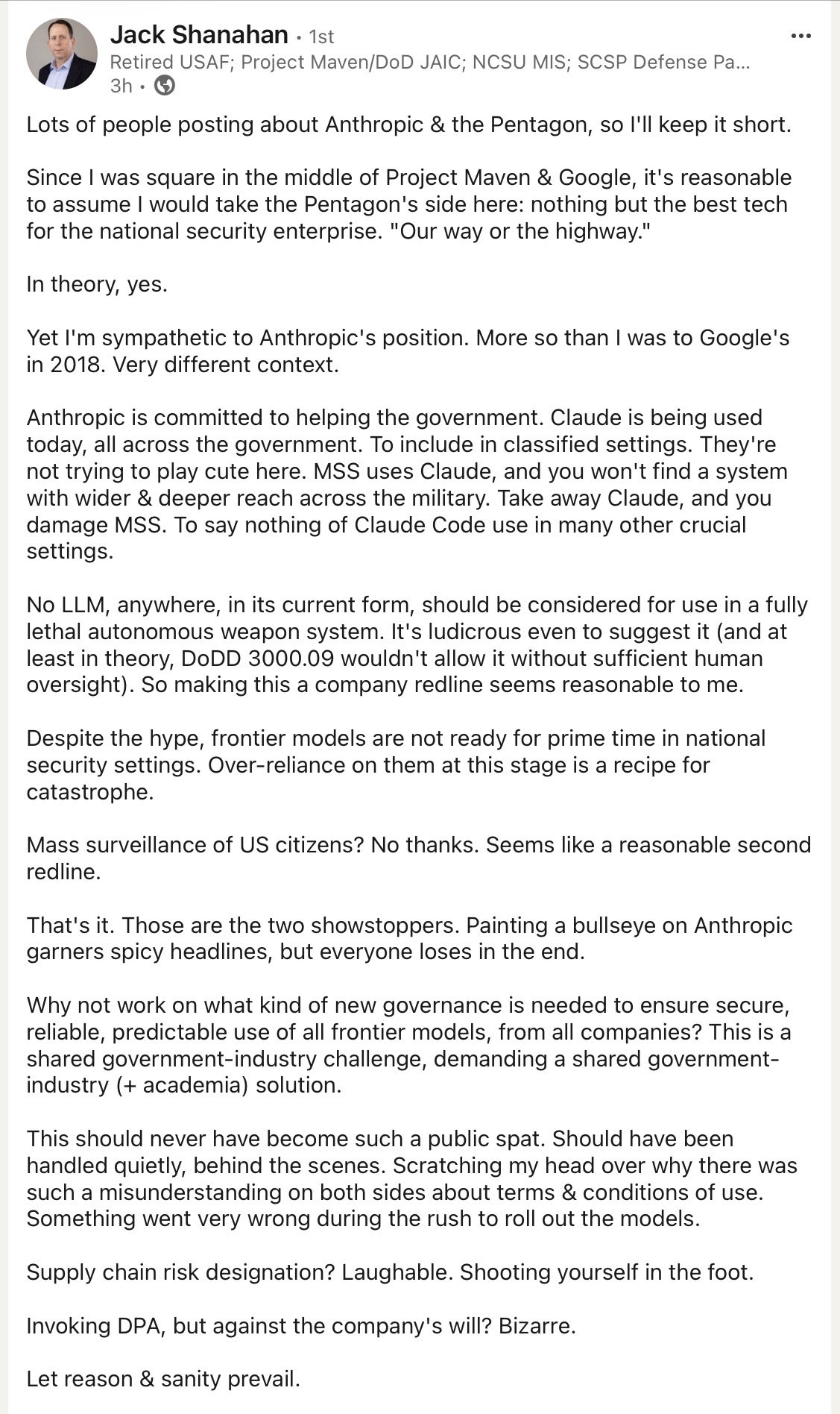 DoD Joint AI Center Director’s Comments on Artificial Intelligence