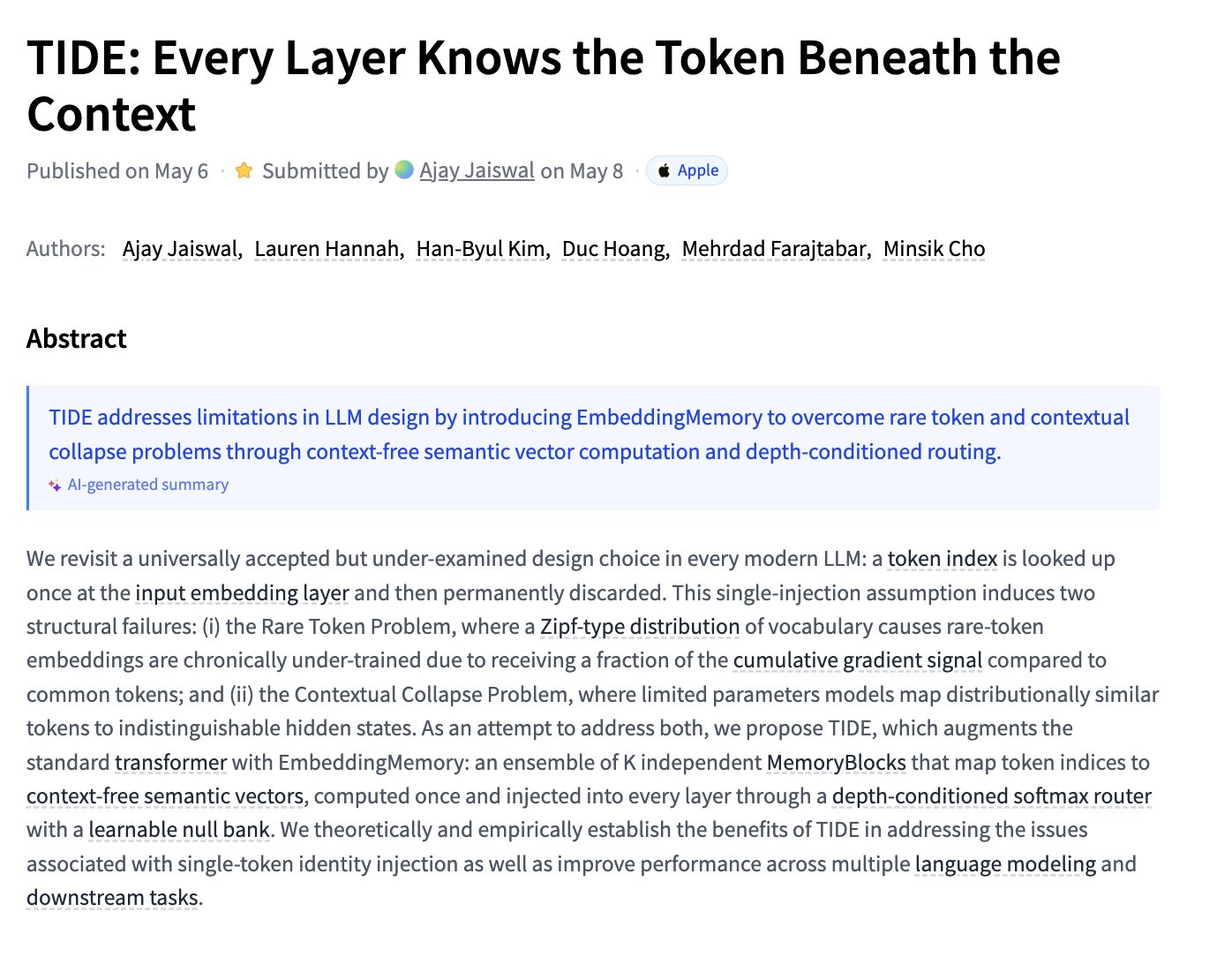 Apple introduces TIDE: Every Layer Knows the Token Beneath the Context
