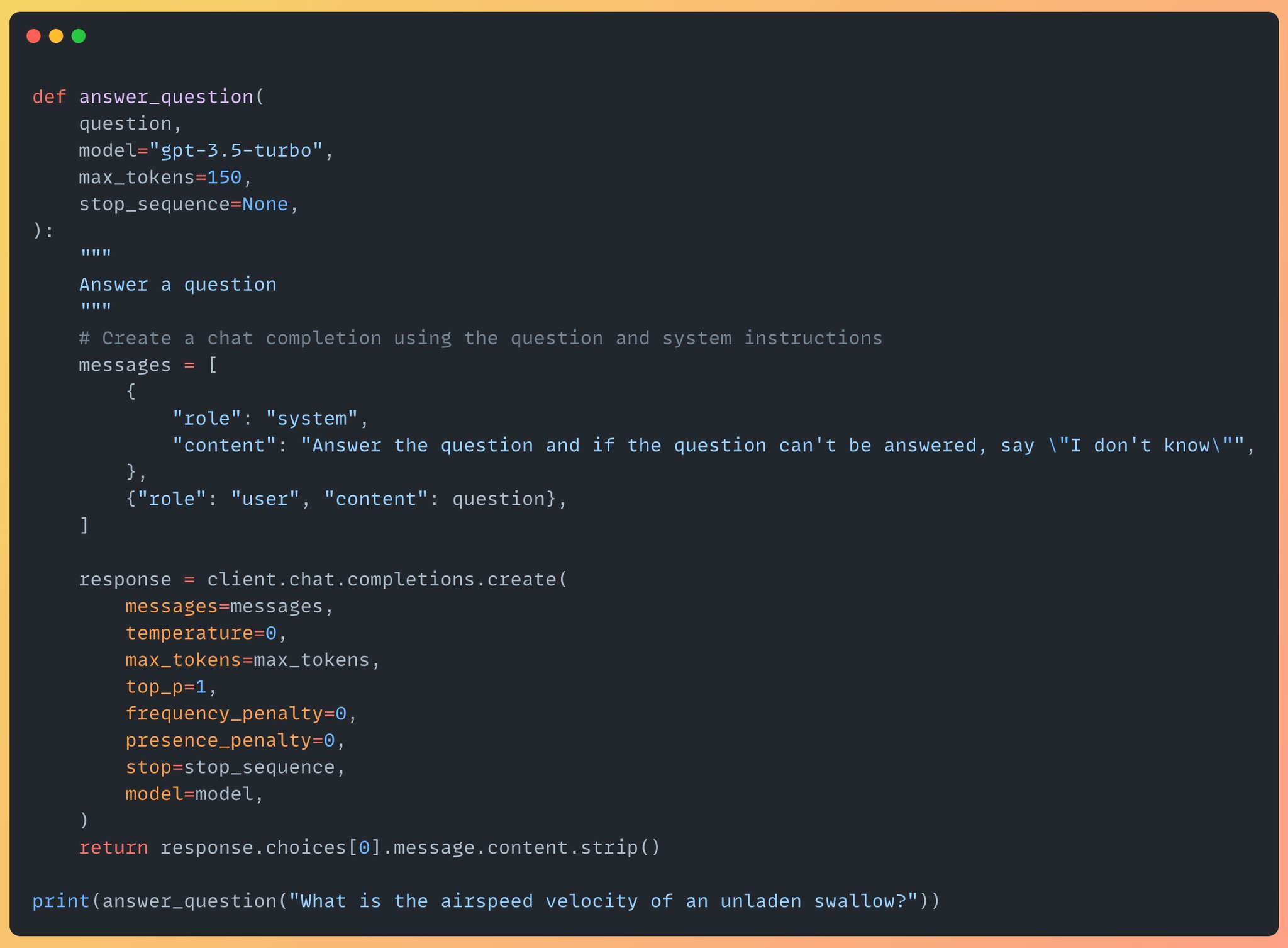 Defining Question Answering Function with Model Parameters